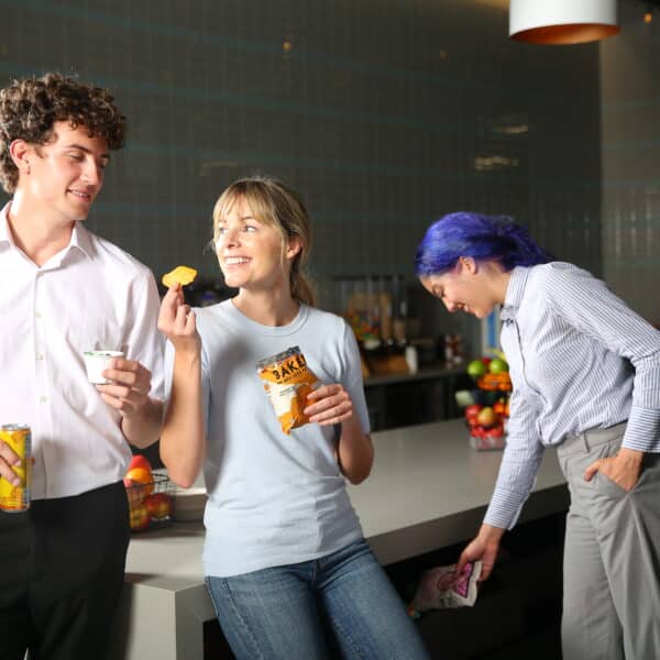 Coworkers eating snacks in a breakroom, Canteen pantry service, snacks, drinks, and more