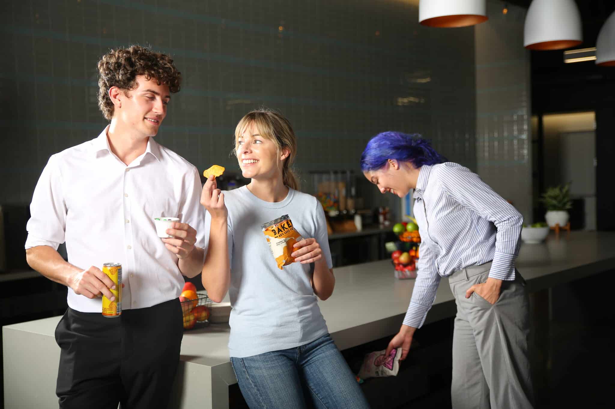 Coworkers eating snacks in a breakroom, Canteen pantry service, snacks, drinks, and more