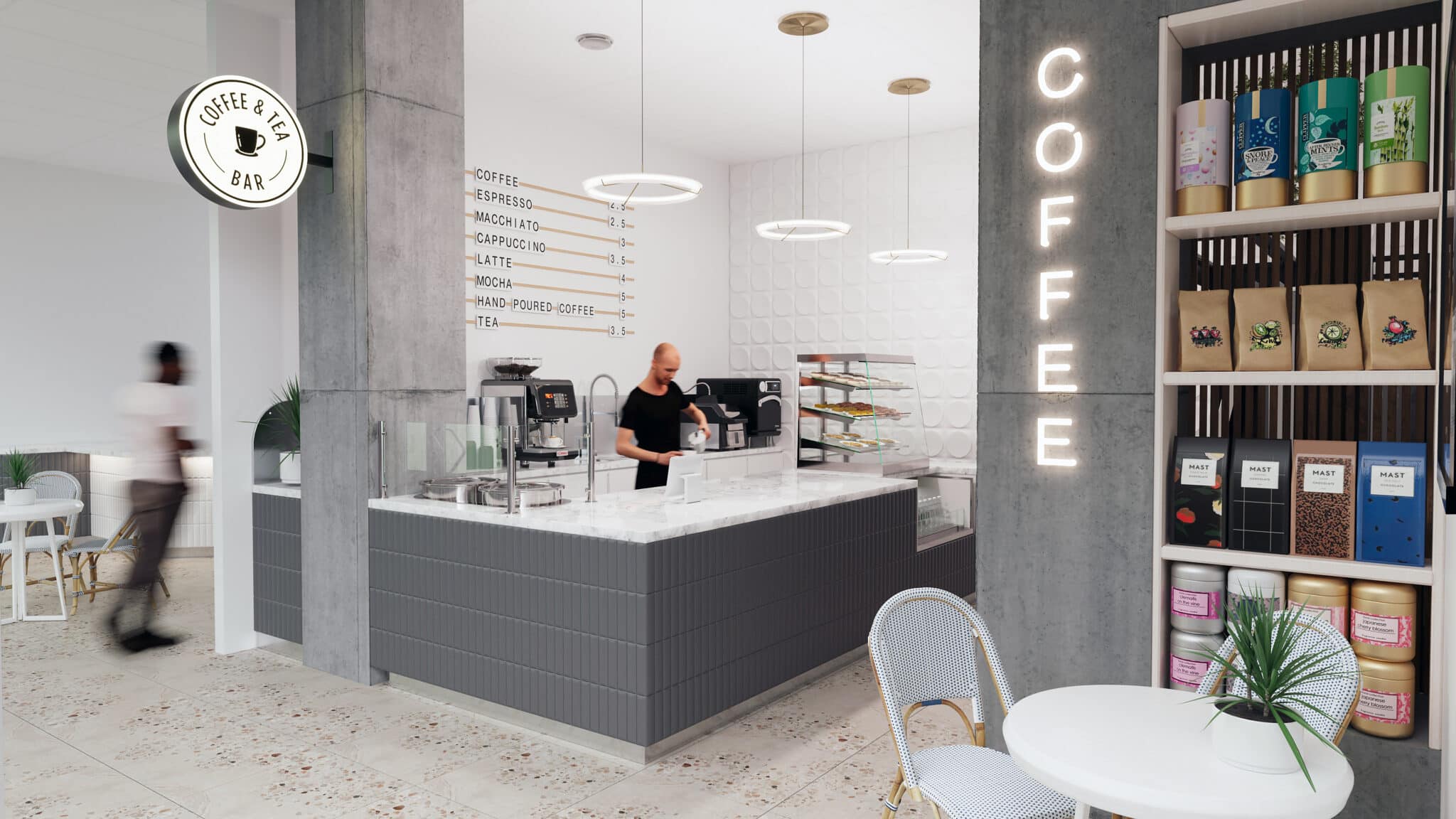 Café rendering, coffee and tea service, LED coffee sign