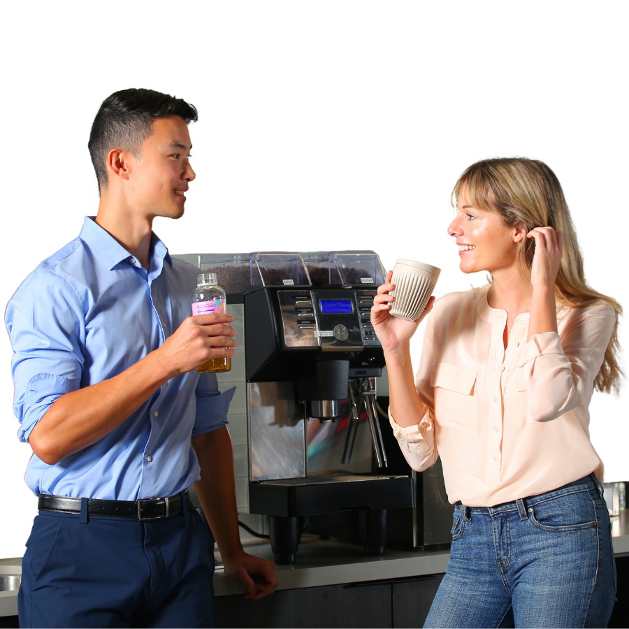 Employees Talking in Front of a Coffee Machine No Background Employees talking at a coffee machine, self-serve coffee machine, single serve coffee, Canteen coffee and tea