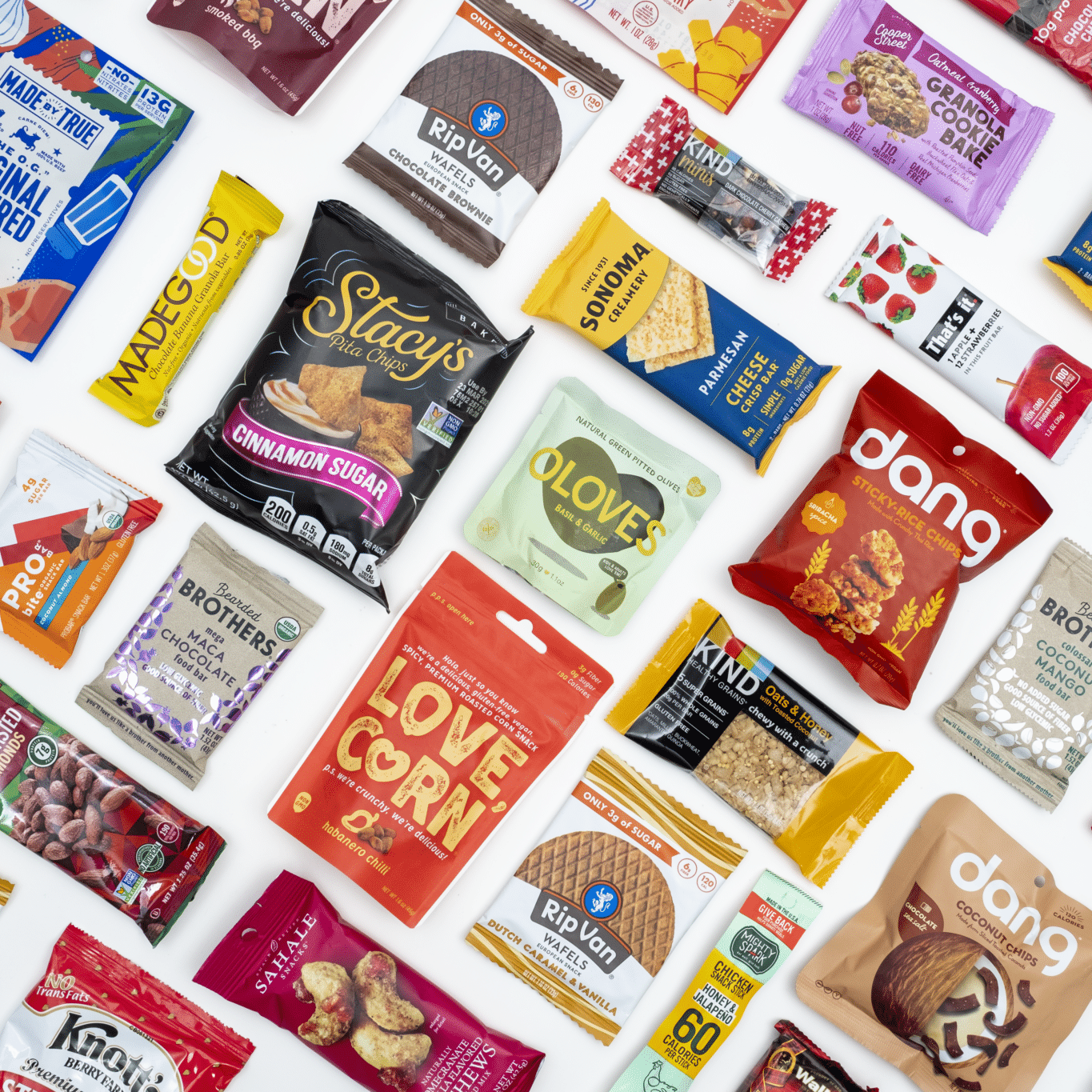 Canteen Flat Lay Snacks Flat lay Canteen snacks, variety of product options, packaged snacks