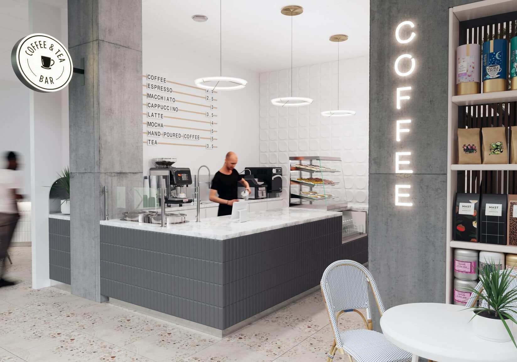 Café Rendering Café rendering, coffee and tea service, LED coffee sign