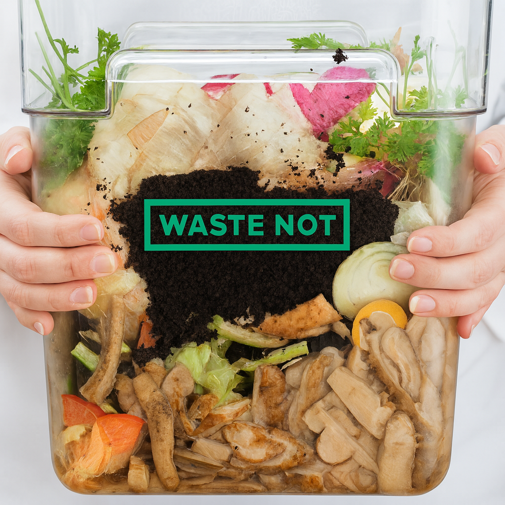 Waste Not - a bukcet a food waste held by a chef's hands